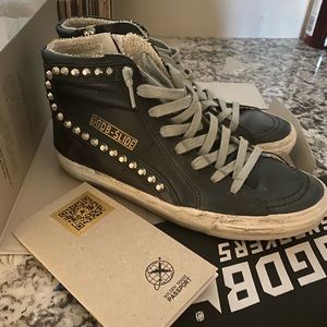Golden Goose Slide Mid-Top Leather Stud Sneakers